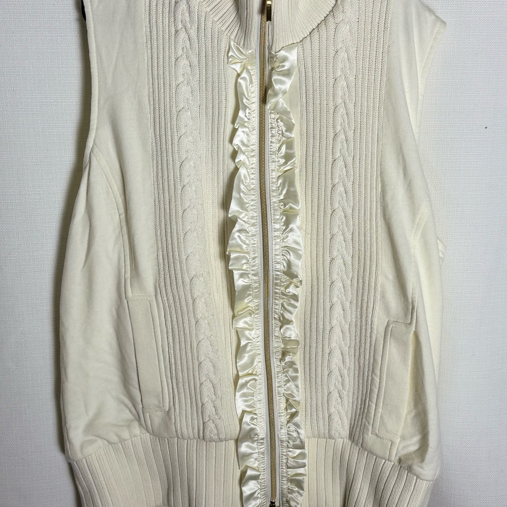 Draper’s & Damon’s Ivory Cable Knit Vest Ruffle Zip Preppy Classic Size L - Picture 2 of 7
